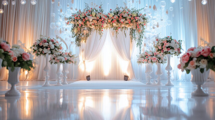 Elegant wedding invitation background with soft floral bouquets and tulle. 