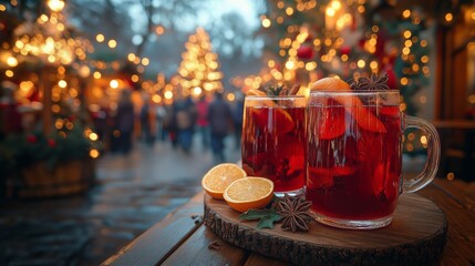 Festive Christmas Market with Two Glasses of Mulled Wine on Wooden Table, Surrounded by Bright Golden Lights and Seasonal Decor