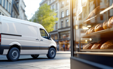 White delivery van parked near a bakery with fresh bread visible in the shop window on a sunny city street.
