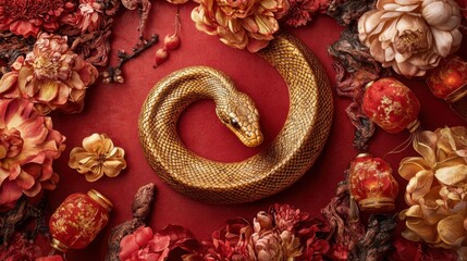 Fototapeta premium Chinese New Year 2025 design featuring a golden snake surrounded by festive lanterns and intricate floral patterns on a red background.