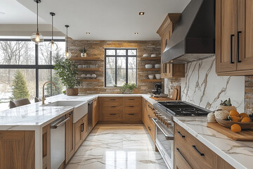 Obraz premium Modern Farmhouse Kitchen With Stone And Marble Accents