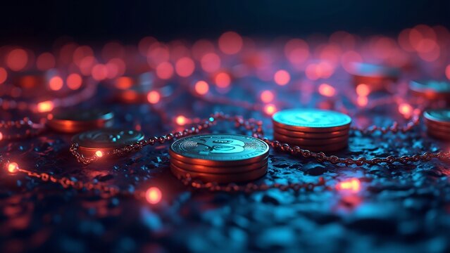 A collection of floating virtual cryptocurrency coins surrounded by glowing blockchain chains, symbolizing digital asset security.