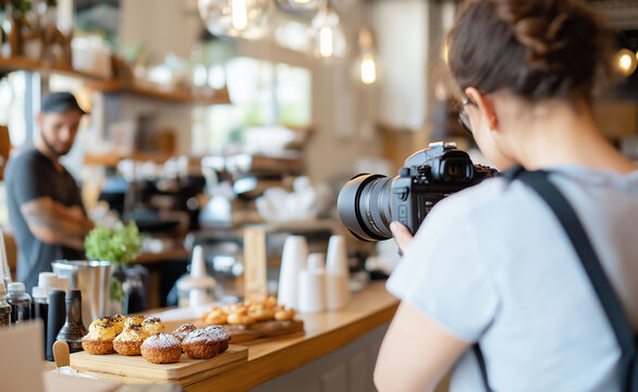 A female photographer taking pictures of freshly baked pastries in a cozy café setting.