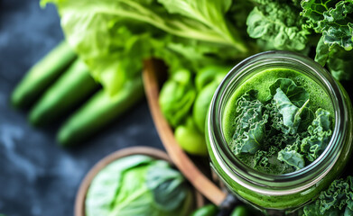 Obraz premium Fresh green vegetables and a jar of green smoothie surrounded by vibrant produce on a wooden table.