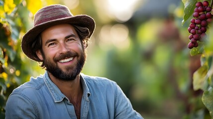 Obraz premium Smiling man with a beard in a vineyard, wearing a hat, enjoying nature.