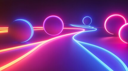 3D rendering of neon lights in a dark room.