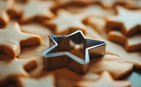 Star-shaped cookie cutter surrounded by raw star cookies on a baking surface, ready for baking. - Powered by Adobe