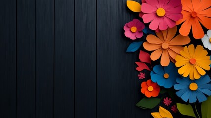Colorful bouquet of flowers is displayed on a wooden background. The flowers are arranged in a way that they seem to be floating in the air, creating a sense of lightness and joy
