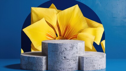 A concrete podium with a yellow flower on a blue background with a place for text and presentation.