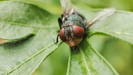 fly on leaf, Chrysomya megacephala, more commonly known as the oriental latrine fly or oriental blue fly. Cochliomyia hominivorax, the New World screwworm fly