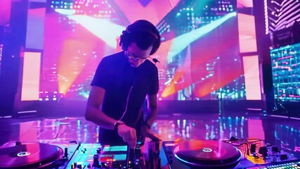 A DJ energetically mixes music on a stage filled with vibrant, colorful lights, creating an electrifying atmosphere at a lively event. Perfect for music, nightlife, and entertainment themes - Powered by Adobe