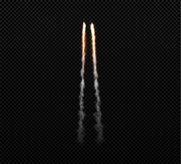 Rocket or jet aircraft vector smoke trail two straight stripes, realistic orange burst and fume flow, space launch trace