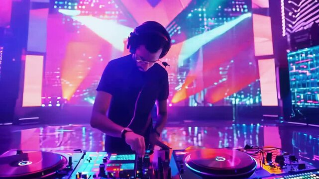 A DJ energetically mixes music on a stage filled with vibrant, colorful lights, creating an electrifying atmosphere at a lively event. Perfect for music, nightlife, and entertainment themes