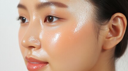 Fototapeta premium Close-up of glowing skin on an Asian woman cheek, soft and hydrated, white background.