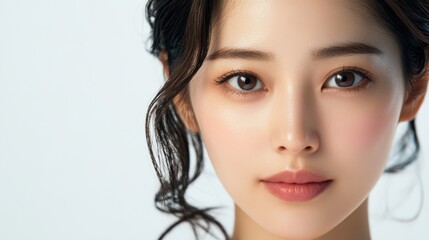 Naklejka premium Close-up of glowing skin on an Asian woman smooth cheek, perfect beauty advertisement, white background.