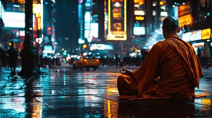 Obraz premium A monk in saffron robes meditating in stillness under a lamppost on a crowded urban street at night, with rain-soaked pavement reflecting the city lights