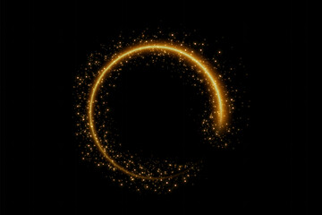 Vector effect of golden circle. Golden dust circle light. Light glittering circle with particles. Luminous fire trail on a transparent background