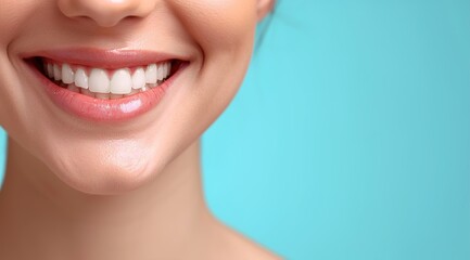 Obraz premium Teeth, smile and mouth of a woman for dental care isolated on a blue background in studio. 