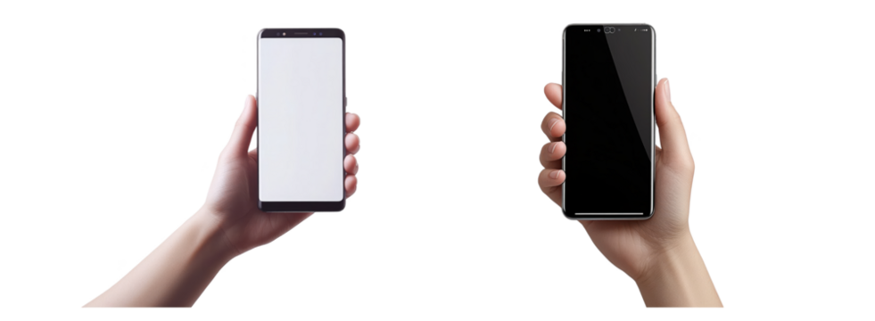 Two hands holding contrasting smartphones, one screen lit, the other dark, isolated on white background. Isolated on white background or PNG