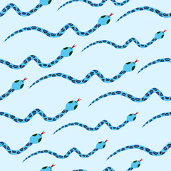 Snakes seamless pattern. Reptiles repeat background. Animal surface pattern design. Perfect for nursery wallpaper, kids fabric. Vector hand drawn illustration.