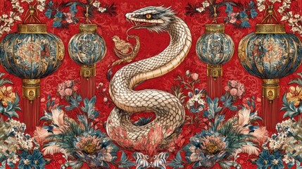 Detailed red background with a snake illustration surrounded by festive lanterns and colorful floral motifs for Chinese New Year.