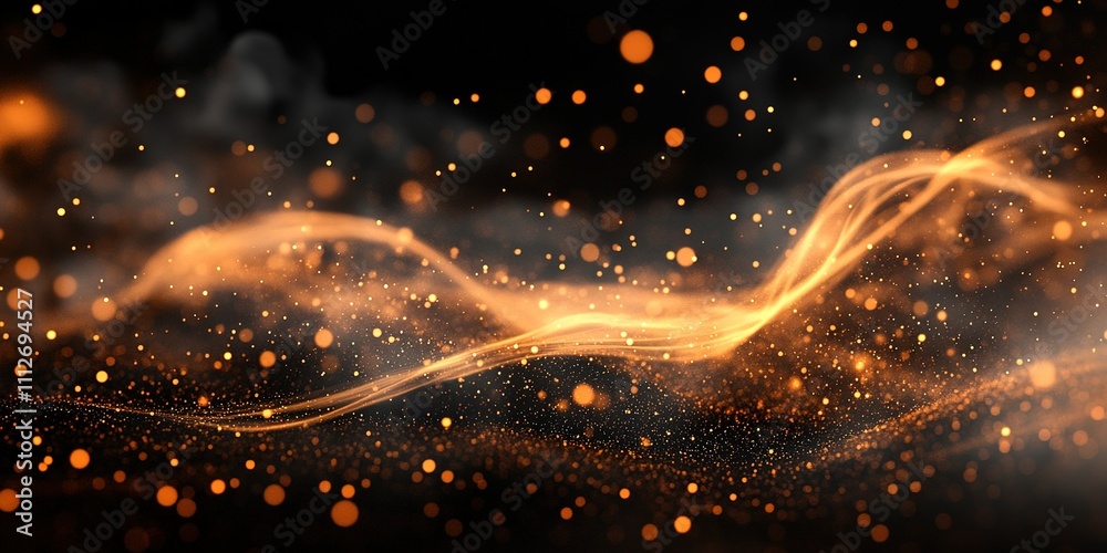 Poster dynamic golden particles swirl in a mesmerizing abstract display against a dark background