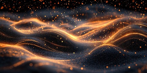 Illuminated waves of golden particles in a dark setting create a mesmerizing visual experience