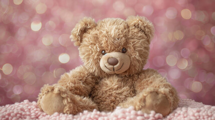 Close-up photo of a cute big brown teddy bear on a pink background.