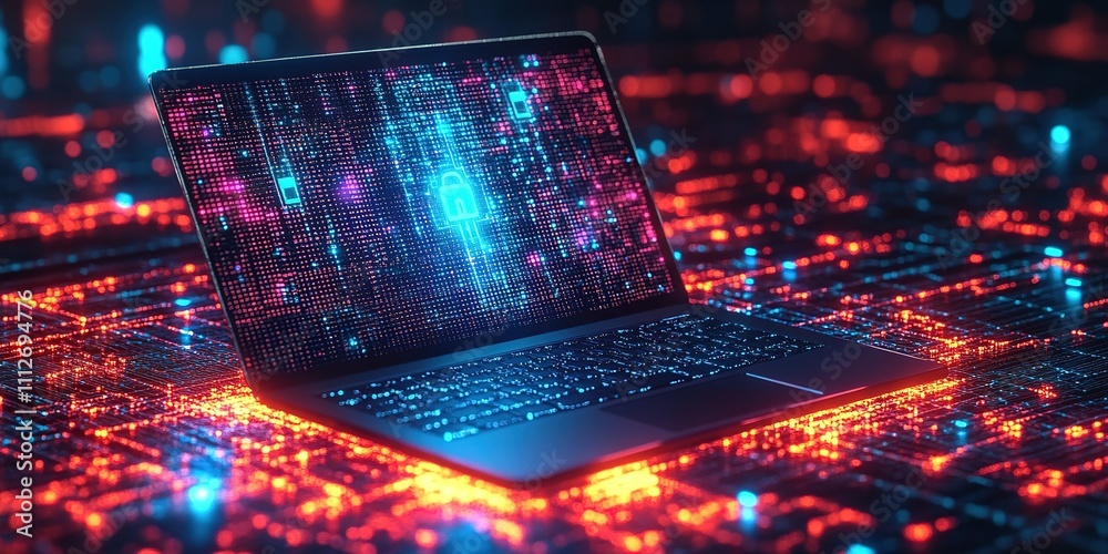 Poster digital security concept featuring a laptop with virtual locks and data streams in a futuristic envi