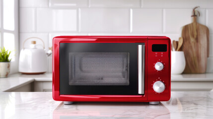 Empty red microwave oven on white background table