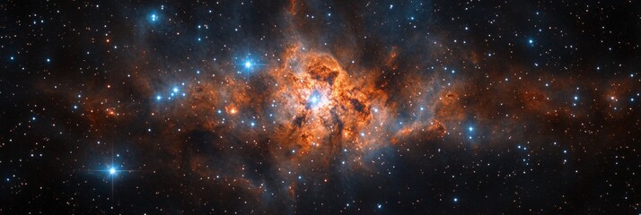 Obraz premium Vibrant newborn stars illuminate thick cosmic dust, revealing a stunning celestial scene of creation and beauty in the universe.