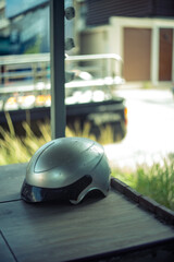 A motorcycle helmet was left on the table