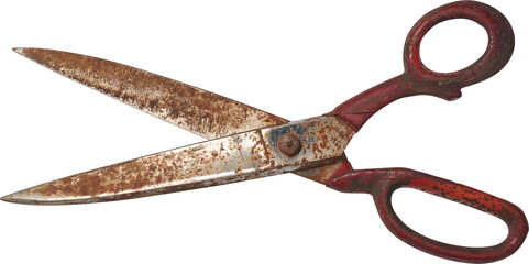 pair of vintage scissors isolated white background, metal blades with wear and rust