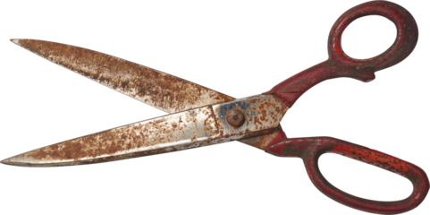 pair of vintage scissors isolated white background, metal blades with wear and rust