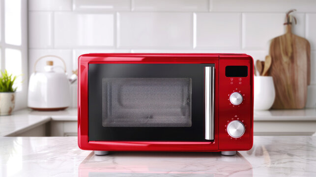 Empty red microwave oven on white background table