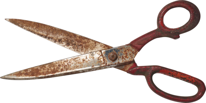 pair of vintage scissors isolated white background, metal blades with wear and rust