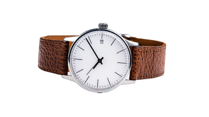 Stylish watch with brown leather strap. transparent background