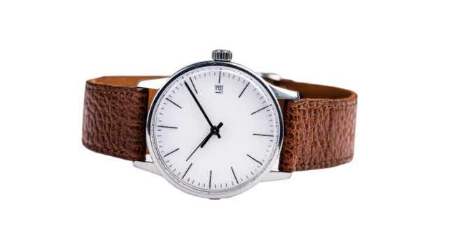 Stylish watch with brown leather strap. transparent background