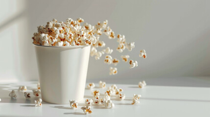 Popcorn in a bucket spread out on a white background
