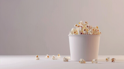 Popcorn in a bucket spread out on a white background
