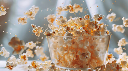 Popcorn in a bucket spread out on a white background