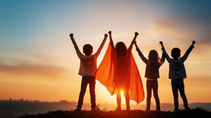 Children Celebrating Freedom and Imagination with Sunset Background and Colorful Cape as Symbol of Hope