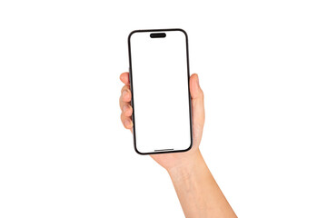 Hand showing smartphone with blank screen isolated on white background.