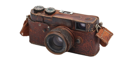 Vintage camera with leather case and details. transparent background