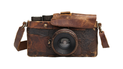 Vintage camera with a weathered leather finish. transparent background