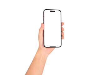 Hand showing smartphone with blank screen isolated on white background.