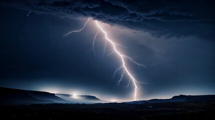 Powerful lightning bolts electrify the dark night sky and illuminate the vivid storm below. Generative AI