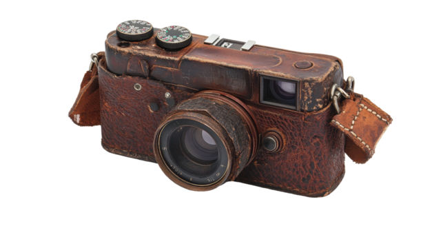 Vintage camera with leather case and details. transparent background