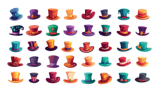 Cartoon cylinders. Man hats headwear classic retro gentleman accessories, wearable vintage textile caps fashion headgears isolated vector on white background