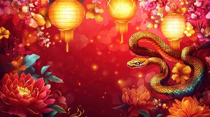 Obraz premium Festive red background adorned with a coiled snake, intricate floral decorations, and glowing lanterns for Chinese New Year.